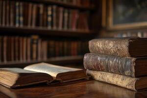 Ancient leather-bound books and open journal in historical library setting photo