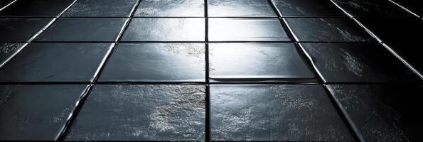 Shiny black square floor tiles with reflective surface and subtle light photo