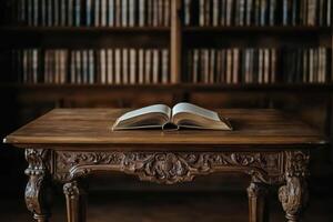 Open ancient book on ornate wooden table in library with shelves of old volumes photo