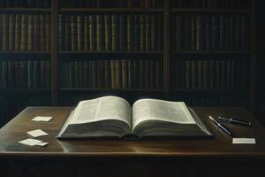 Open book on wooden desk in dimly lit library with shelves of old books photo