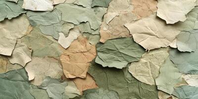 Textured abstract collage of torn paper in earth tones featuring varied shades photo