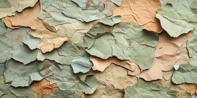 Textured abstract pattern of torn pastel paper layers in varied tones photo