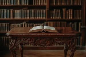Antique wooden desk with open book in historical library interior photo