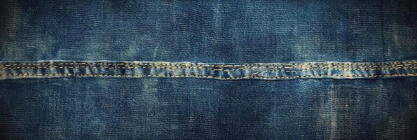 Close-up view of blue denim fabric with prominent stitching seam detailing photo