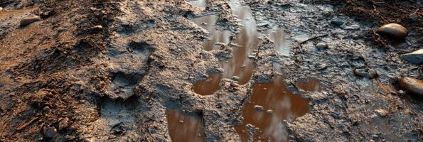 Muddy trail with animal footprints and small rocks in wet earth surface photo