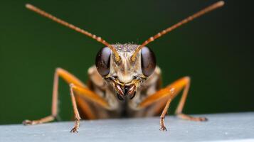 Macro View of Brown Cricket with Distinct Textures and Features on Green Background photo