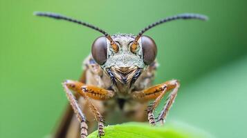 Close-Up of a Grasshopper on Leaf Displaying Intricate Details and Natural Colors photo
