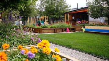 Vibrant garden playground with colorful flowers and natural outdoor setting photo
