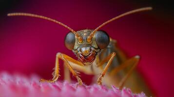 Detailed closeup of orange beetle with expressive eyes on vibrant background photo