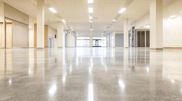 Spacious Bright Empty Interior with Shiny Polished Floors and Overhead Lighting photo