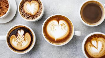 Top View of Assorted Lattes with Heart Patterns in White Cups on Grey Background photo