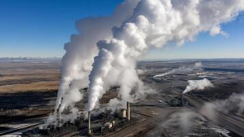 Industrial power plant emitting large steam clouds into the sky with vast open land in the view photo