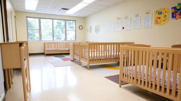 Daycare classroom with multiple cribs and playful decorations creating a nurturing atmosphere for toddlers photo