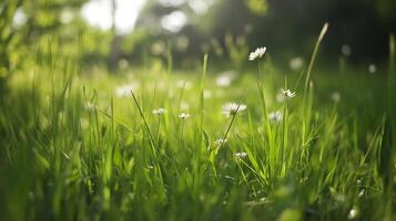 Sunlit close-up of vibrant green grass with white daisies creating a serene and refreshing natural landscape photo