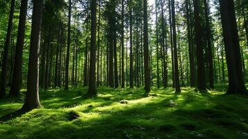 Lush Green Forest with Tall Trees and Sunlight Streaming Through the Canopy Creating a Serene Atmosphere photo