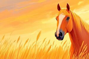Horse standing in a golden meadow during a warm sunset with vibrant orange sky and soft grass swaying gently photo