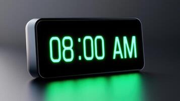 Digital alarm clock displaying eight oclock AM in a sleek design showcasing modern timekeeping technology photo
