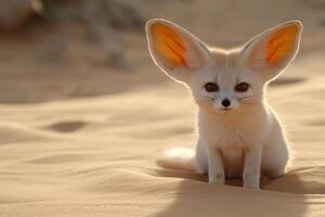 Fennec fox sitting on terracotta sand in the desert, exhibiting playful curiosity with oversized ears highlighted by soft gray shadows photo