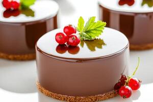 Luxurious dark chocolate mousse cake with shiny ganache and fresh red currant on glossy surface photo