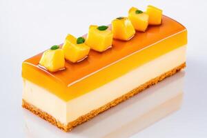 Delight in a layered passion fruit and mango mousse with tropical fruit pieces on a glossy table photo