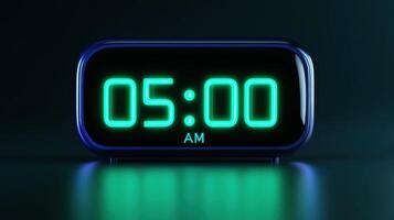 Digital alarm clock displays bright neon green time at five in the morning with a modern, polished black frame photo