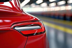 Detailed view of a ruby-red cars glossy surface with reflections emphasizing curves against a dark urban backdrop showcasing modern design photo