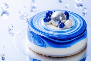 Round mousse cake with a marbled blue and white mirror glaze topped with a silver sphere placed on a reflective surface photo