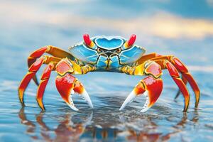 Bright blue shelled crab with vibrant red claws foraging on wet sandy shore in natural coastal setting photo