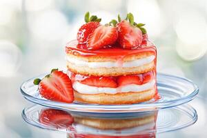 Layered strawberry shortcake with glossy glaze and fresh strawberries on a mirrored plate creates an elegant dessert display photo