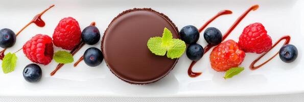 Delicious chocolate cake garnished with fresh berries presented elegantly on a modern table in soft light photo