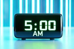 Digital alarm clock displays glowing green numbers at 5 AM in a futuristic metallic environment with soft blue neon lighting photo