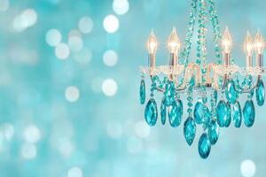 Elegant chandelier with turquoise crystals illuminating a dimly lit room and creating mesmerizing light patterns photo