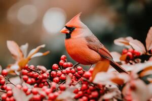 Red bird perched on a bush of crimson berries illuminated by soft natural light in a serene outdoor setting photo