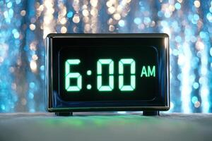 Digital alarm clock reading six am with glowing green numbers against a futuristic metallic background and soft blue neon light photo