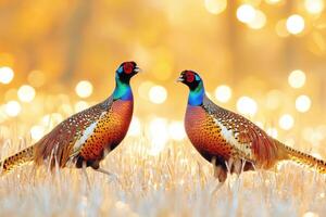Pair of pheasants gracefully walking through a field of golden grass illuminated by warm sunlight in a serene natural environment photo