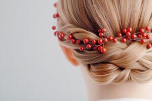Braided hairstyle accentuated with red berries in soft light displaying intricate textures and details in a minimalistic setting photo