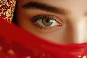 Close-up of a womans eyes peeking through a deep red scarf with delicate golden embroidery, creating a striking and elegant appearance photo