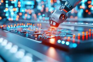 Robotic arm assembling electronics with glowing lights in a high-tech environment showcasing automation in action photo