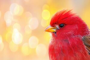 Vibrant red bird gracefully soaring through golden sunlight with dynamic motion against a soft muted backdrop photo