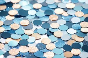 Close-up view of golden sequins and glitter creating an abstract textured surface under soft lighting with a blurred backdrop photo