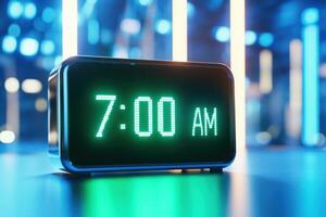 Digital alarm clock displays bright green numbers showing seven oclock in the morning against a futuristic metallic background with soft blue neon light photo