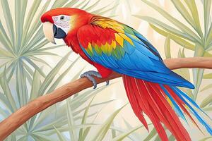 Red macaw perched on terracotta branch in lush tropical setting with vibrant feathers blending against soft gray shadows photo
