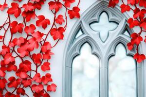 Gothic-style window framed by vibrant red ivy with sunlight creating intricate patterns on stone wall photo