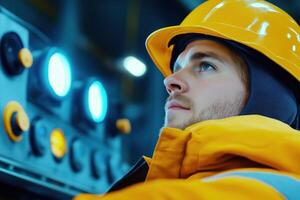 Worker in helmet operates machinery with colorful dials in factory environment during work hours photo