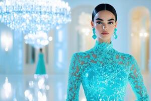 Elegance and tranquility captured in a misty room featuring a woman in an intricate turquoise gown and crystal reflections photo