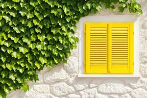 Minimalistic yellow window frame with shutters on a stone wall adorned with lush green ivy under soft sunlight photo