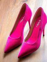 Close-up view of a vibrant pair of pink high heel shoes on a wooden surface showcasing their elegant design and texture in a well-lit setting photo