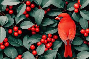 Red bird perched on a bush of crimson berries with natural light creating a soft glow on its feathers photo