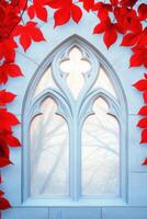 Gothic-style window framed by vibrant red ivy with sunlight creating patterns on stone wall in a tranquil setting photo
