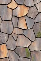 Close up view of textured tree bark displaying warm brown and muted green moss in a natural setting photo